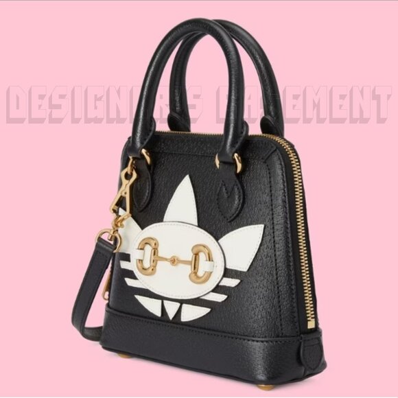 GUCCI black Leather Adidas X Gucci 1955 gold Horsebit Web Trefoil Mini Bag+box๐ - Picture 3 of 12
